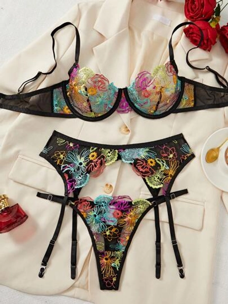 Sexy Lace Flower Embroidery Lingerie Set For Women, Including Bra And Panty, New Design, Attractive For Intimate Nights, Valentine's Day, Nightclub
