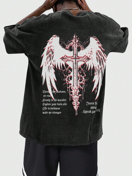 ROMWE Grunge Punk Men High Street Vintage Distressed Snow-Washed Round Neck T-Shirt, Perfect For Casual Daily Wear In Spring And Summer, School