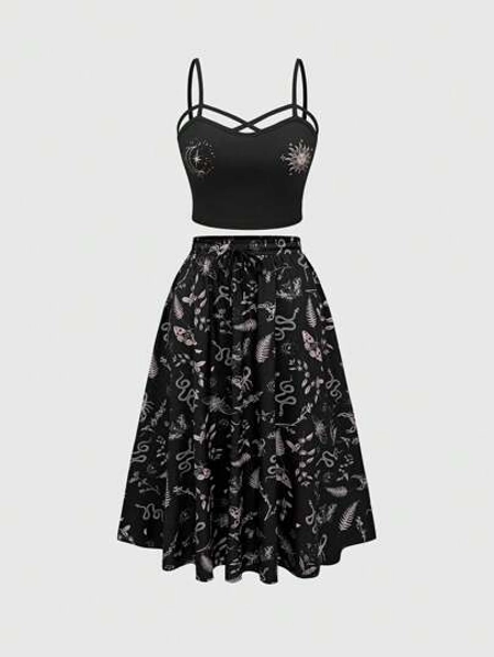 Goth 2pcs/Set Plus Size Women Gothic Floral Print Strap Tank Top And Elastic Waist Midi Skirt, Boho Style