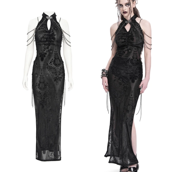 Langes schmales Mesh Kleid mit Kettchen | BOUDOIR NOIR