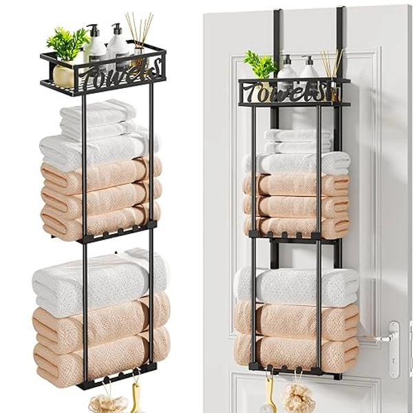 HapiRm Towel Rack Bathroom Storage - 3 Tier Over The Door Towel Rack with Metal Shelf Basket and 6 Hooks, Wall Mount Towel Holder, Rolled Towel Organizer for Small Bathroom (Black)