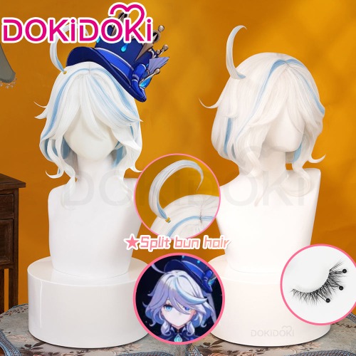 【Short Ver. 】DokiDoki Game Genshin Impact Cosplay Fontaine Focalors Wig Short White Blue Curly Wig Furina Fake Eyelashes | Focalor Short  Wig & Fake Eyelashes-PRESALE