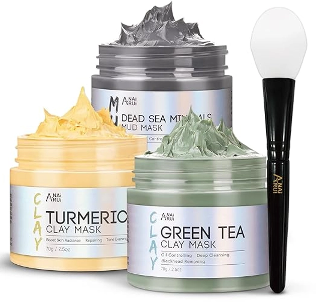 ANAiRUi Kurkuma Gesichtsmaske - Grüner Tee Ton Maske - Totes Meer Mineralien Schlamm Maske, Spa Gesichtsmasken Set zur Tiefenreinigung, Entgiftung und Reduzierung von Akne und Mitesser, 210 g