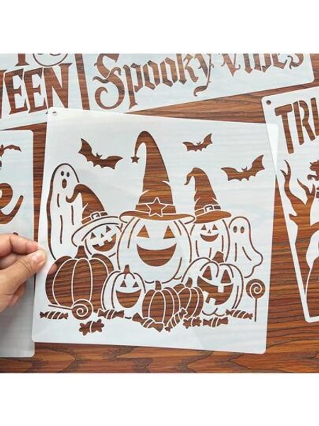 6pcs Halloween Ghost Hollow Painting Template, Plastic PET Material Witch Painting Stencil, Reusable And Washable,For School Supplies,Back To School