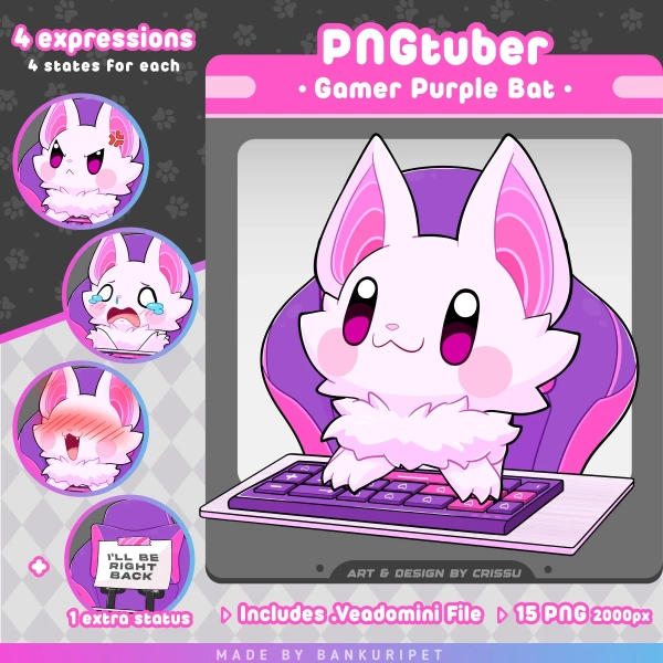 Gamer White Bat PNGTuber | Cute Bat | Twitch Streaming Avatar | Vtuber Assets | Funny PNGtuber | Voice Reactive Images | ReadyToUse |OBS