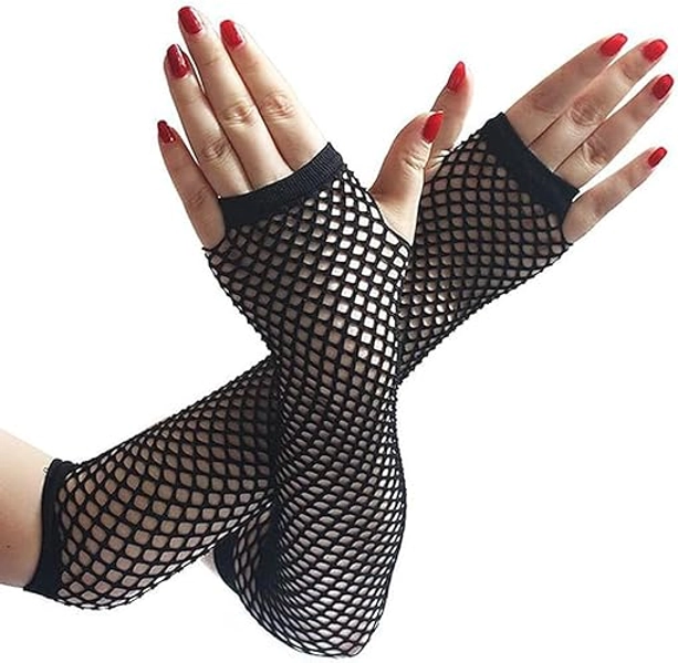 rayinblue Fingerless Fishnet Gloves Diva Women Black 80s Retro Vintage Nylon Stretchy Mesh Gloves for Kids Girls Dance Disco Costume Parties Supplies Accessories