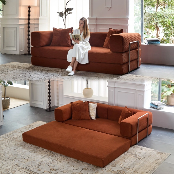 Kaveri Convertible Sofa Bed - Foldable Floor Couch with Teddy Foam - Modular Sectional for Living Room, Bedroom, Studio - Compression Sofa in Box