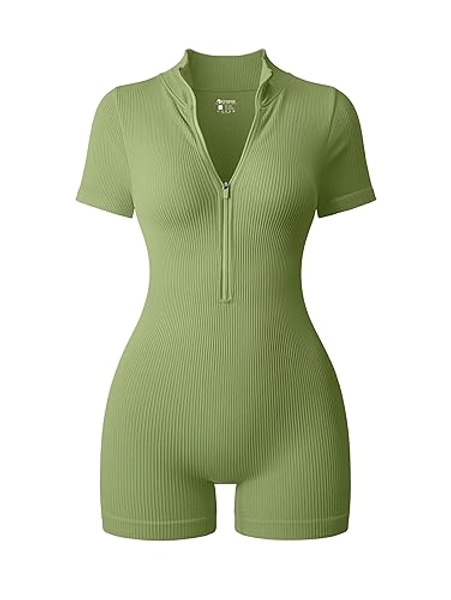 OQQ Women Rompers Ribbed Short Sleeve Zip Front Stretch Tummy Control Yoga Workout Rompers