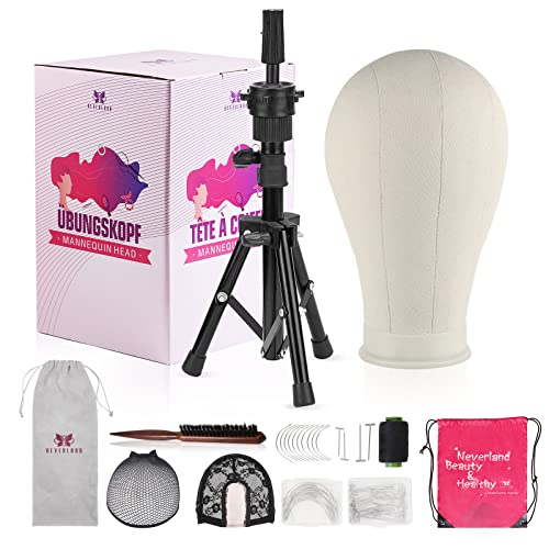 23 Inch Wig Head,Wig Stand Tripod with Head,Canvas Wig Head Stand with Mannequin Head for Wigs,Manikin Head Block Set for Wigs Making Display with Wig caps,T Pins Set,Bristle Brush - 23inch-White