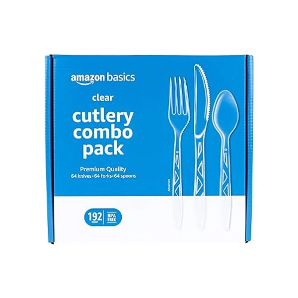 Amazon Basics Disposable Clear Assorted Cutlery Set, Premium Quality, 192 Count, Large Combo Pack Forks, Spoon and Knives