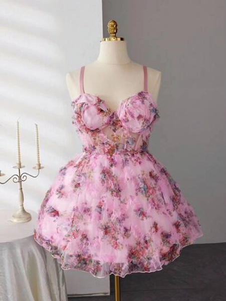 Sunnyshic Plus Size Women Wavy Hem Printed Mesh Elegant And Sexy Daily Wear Dress