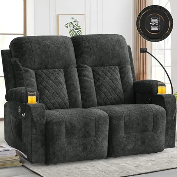 FURNIMAT Loveseat Recliner Sofa, 2 Seater Reclining Loveseat Sofa, Fabric Recliner Loveseat Couch, Modern Recliner Chair for Living Room, with Cup Holder and 2 Cell Phone Holders, USB Ports, Grey
