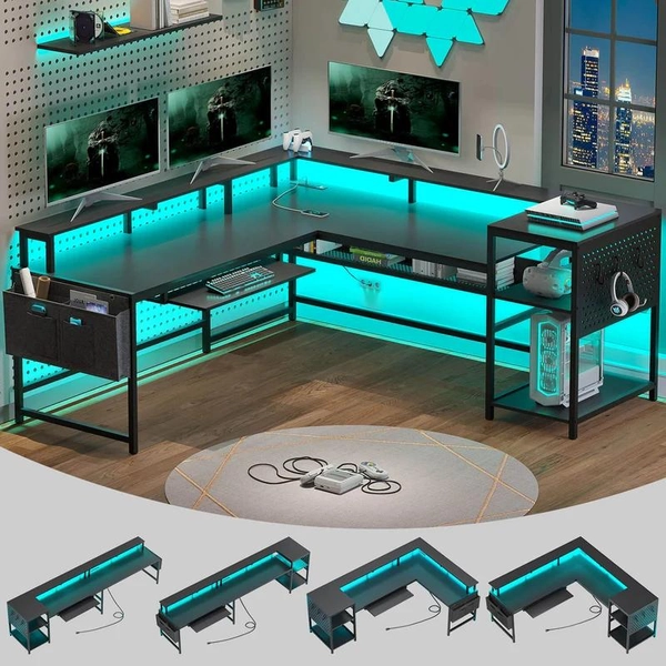 Sikaic L Shaped Reversible LED Gaming Desk With Power Outlet - TikTok Shop