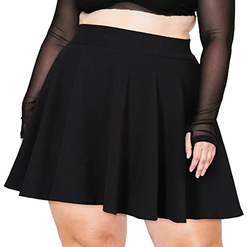 Moon Wood Women's Plus Size Mini Skater Skirt- Basic Versatile High Waisted Flared Casual Stretchy Skirts - Black - 3X-Large Plus