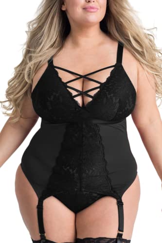 EVELUST Plus Size Lingerie 2 Piece for Women Suspender Garter Teddy Set with Lace Thong Backless Sexy Babydoll - 3X-Large - Black