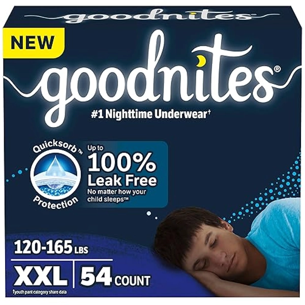 Goodnites Boys' Nighttime Underwear, Size XXL (120-165+ lbs), 54 Ct, Packaging May Vary