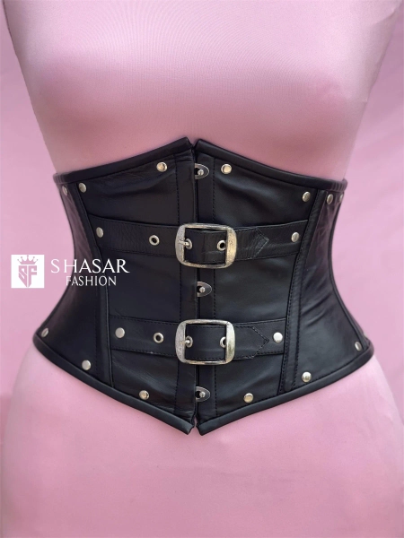 Women Handmade Black Faux Leather Under bust With Studs and Buckles Corset Steel Boned Hourglass Corset belt Fashion Corset-Gift for her