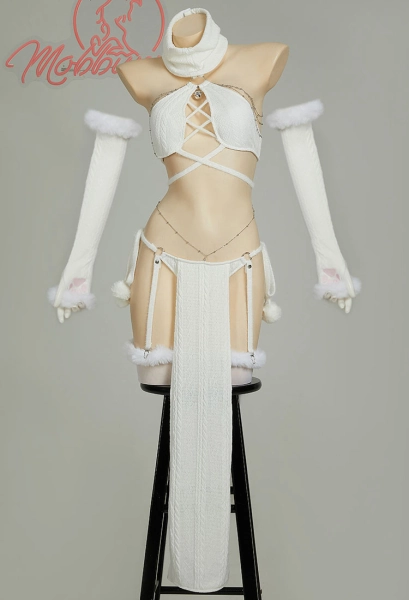 Sexy Lingerie Set Winter White Sweater Hollow Lace-up Top and Skirt with Sleeves