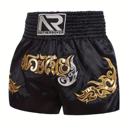 Men's Embroidery Pattern Boxing Shorts, Active Elastic Waist Sports Trunks For Boxing Workout Fighting Training