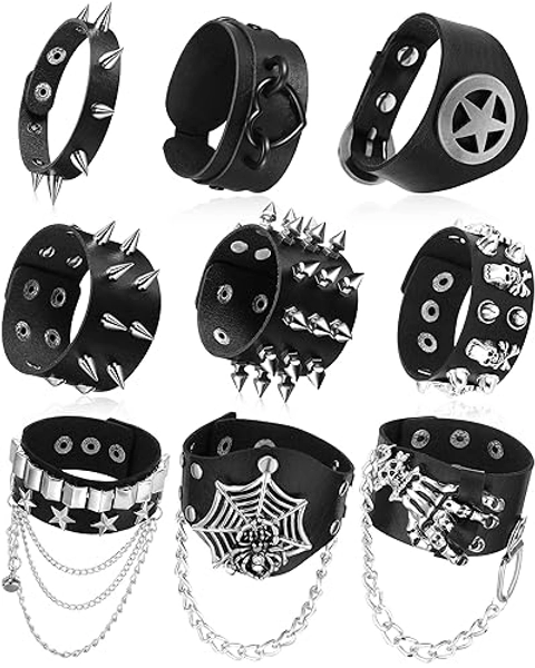 Hicarer 9 Pieces Spiked Studded Bracelet Black Leather Rivet Punk Bracelet Cuff Wrap Bangle Snap Button Metal Wristband for Men Women