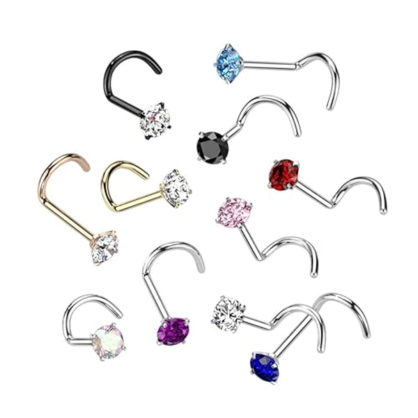 Satix 4-11PCS 18G 20G Implant Grade Titanium Nose Screw Rings Prong Settings 2mm CZ Nose Screw Studs Ring Nostril Piercing Jewelry For Women