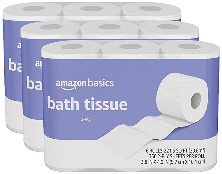Amazon Basics 2-Ply Toilet Paper 18 Rolls = 72 Regular Rolls, 350 Sheets, (3 Packs of 6), Unscented