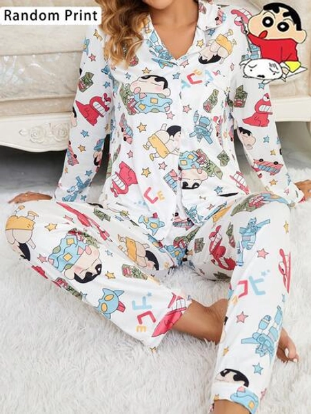 CRAYON SHINCHAN 2pcs Crayon Shin-Chan Milk Silk Soft & Skin-Friendly Cartoon Print Casual Open Front Long Sleeve Pants Pajama Set For Women, Random Print, Spring/Autumn