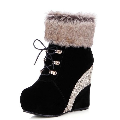 Glitter Wedge Booties - Black / 7.5