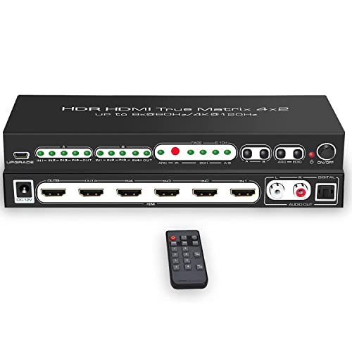 8K 4x2 hdmi switch,4 in 2 Out Matrix Switch 2.1 Video Splitter Optical RAC Audio Output with Remote Support 48Gbps HDR10 HDCP2.3 Dolby Vision Atmos SPDIF 5.1CH ARC