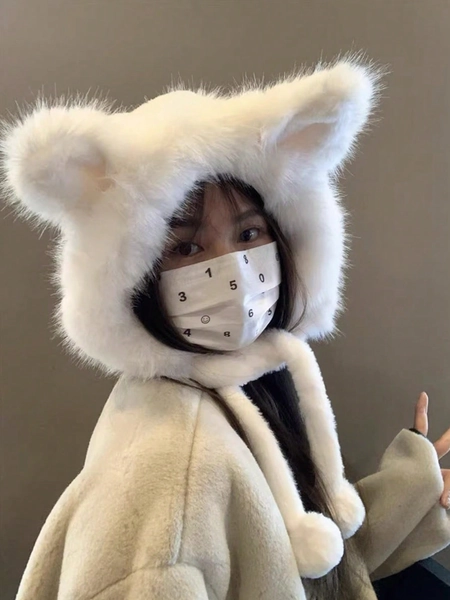 1pc Women's Cute Plush Fox Ears Design Polyester Winter Ear Warmer Hat, White