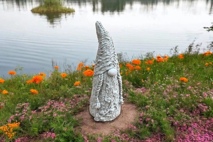 Standing gnome sculpture, Concrete lady gnome decoration, Woman with braids, Gnome lawn decor, Outdoor gnome figure
