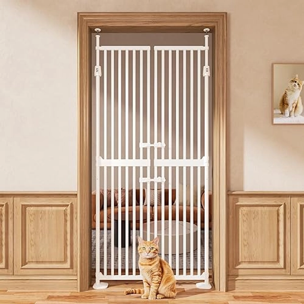 71" High Extra Tall Cat Gate, 33.85-35.43" Wide Cat Safety Gate, 1.34" Extra Narrow Gap, Auto Close, No Drilling, Double Pet Door for Doorways, Kitchen