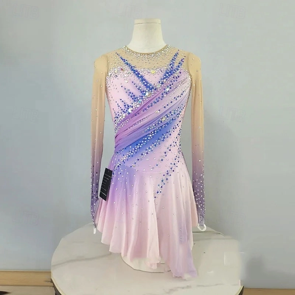 Figure Skating Dress Women's Girls' Ice Skating Dress Pink High Elasticity Training Competition Skating Wear Classic Crystal / Rhinestone Long Sleeve 