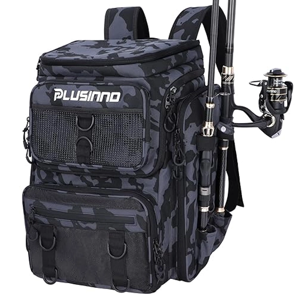 PLUSINNO Fishing Backpack with Rod Holders, 42L Large Water-Resistant Fishing Tackle Bag Store Fishing Gear for Fishing, Camping, Hiking, Fishing Gifts for Men Father