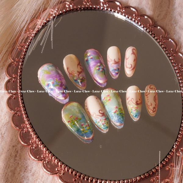 Monet's Spring Meadows | Hand-Painted Art | Reusable Stick On Nails | Party & Bridal Nails | Premium Press on Nails