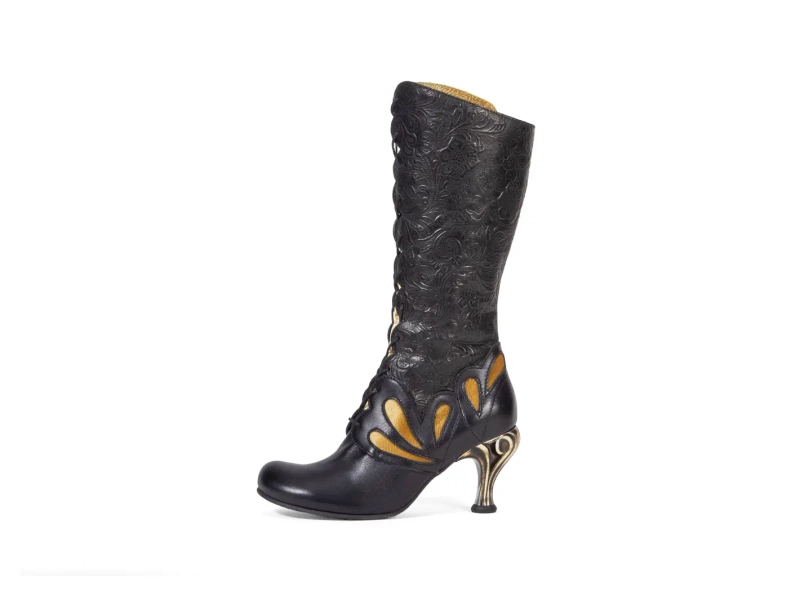 Parallax - Black/Gold | Elegant Tall Lace-Up Boots | Fluevog Shoes