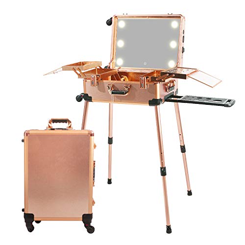 Jula Vance Large Makeup Train Case with Speaker & Code Lock & Full Screen Lighted Mirror & 3 Light Colors Lighted Rolling Cosmetic Organizer, Professional Artist Trolley Studio Free Standing - Rose Gold