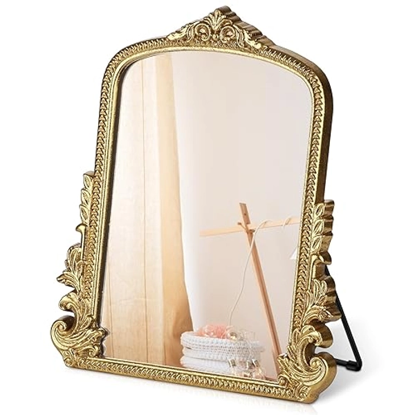 Vintage Makeup Mirror, Vanity Desk Mirror Antique Traditional Tabletop Mirror, Standing, Hang or Wall Mounted, Adjustable Dress-up Mirror, Gold Decor Mirror for Living Room,Bedroom (gold, 12*9.8 in)