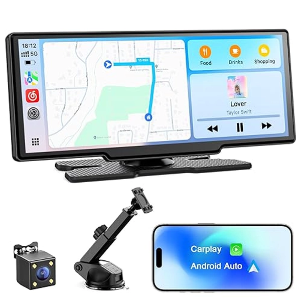 8.1'' Wireless Apple Carplay Screen for Car, Android Auto with Backup Camera, Portable Car Stereo Touchscreen with OTA/GPS Navigation/Mirror Link/Voice Control/Bluetooth/AUX/FM/WiFi