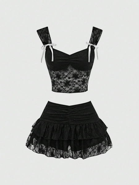 Women'S Lace Camisole With Ruffled Chest And Bow Decoration 