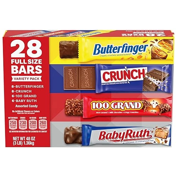 Butterfinger, CRUNCH, Baby Ruth and 100 Grand, Bulk 28 Pack, Assorted Full Size Chocolate Candy Bars, Stocking Stuffers, 48 oz