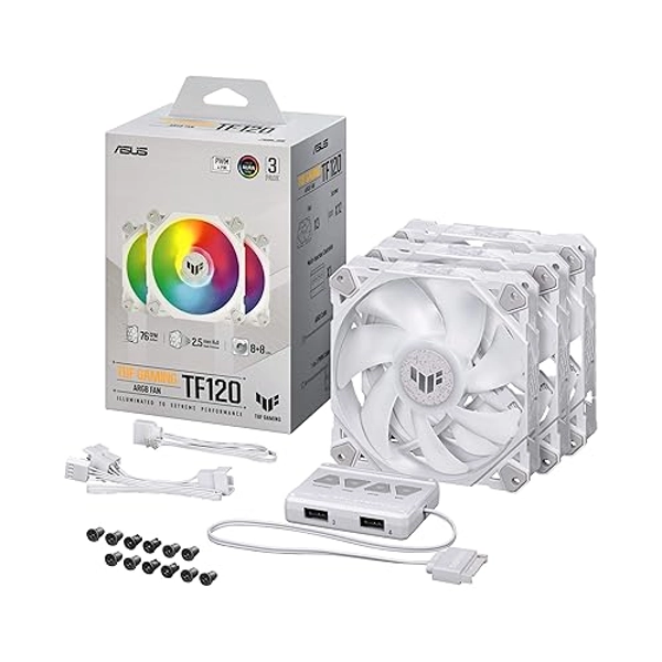 ASUS TUF Gaming TF120 ARGB White Edition (3-Pack) 3-Pin Customizable LEDs Blade, Advanced Fluid Dynamic Bearing