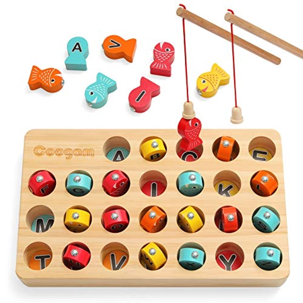 Coogam Wooden Magnetic Fishing Game, Fine Motor Skill Toy ABC Alphabet Color Sorting Puzzle, Montessori Letters Cognition Preschool Gift for 3 4 5 Years Old Kid Early Learning with 2 Pole
