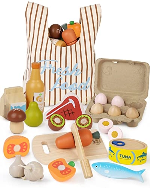 Lehoo Castle Wooden Play Food Toys, Kids Play Kitchen Accessories Toddler Cutting Fruits Vegetables Toy with Shopping Bag, Pretend Play Educational Montessori Toy Gift for Boys Girls 3+