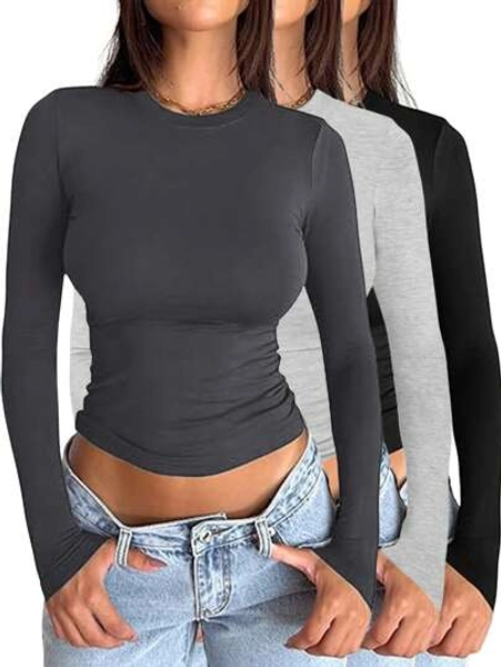 INAWLY Solva Women's Solid Color Crew Neck Long Sleeve Casual T-Shirt, Spring Summer