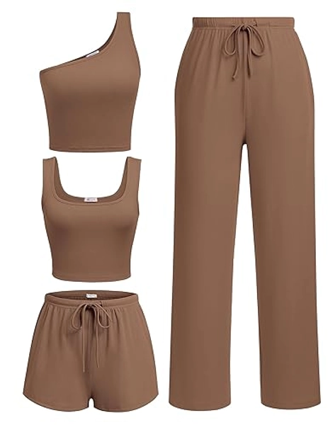 Ekouaer Womens 4 Piece Lounge Sets Ribbed Knit Crop Tank Top and Shorts Pants Casual Outfits