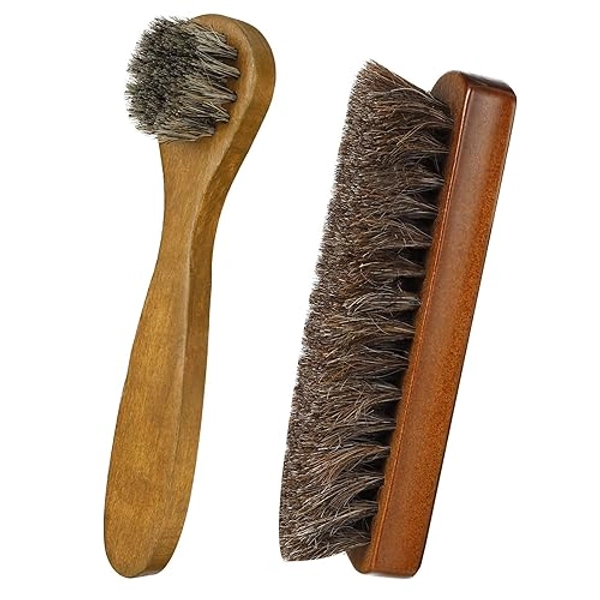 SUSSURRO 2 Pieces Shoes Brush kit Natural Wooden Handle Welt Brush Soft Horsehair Shoe Shine Brush Bristles Anti Slip Shoe Buff Brush for Leather, Boot, Bag