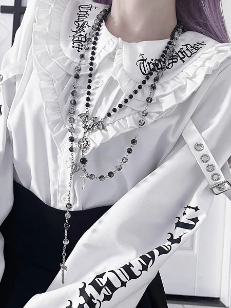 [$41.00]Weiße Bluse mit Peter-Pan-Kragen und Schnallendetails im Emo-Punk-Stil