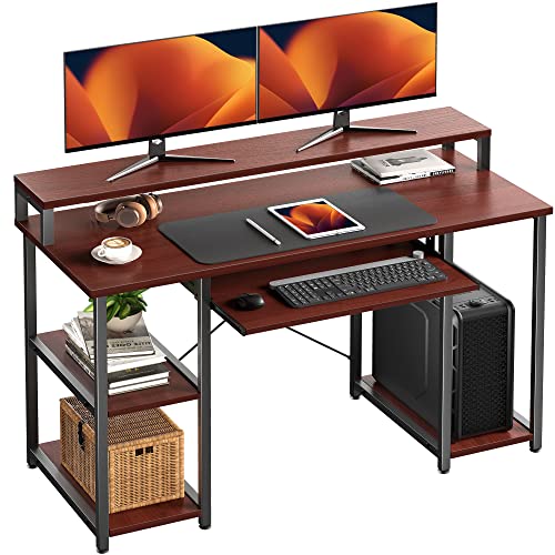 NOBLEWELL Computer Desk with Storage Shelves, 47 inch Home Office Desk with Monitor Stand, Writing Desk Table with Keyboard Tray (Cherry) - Cherry