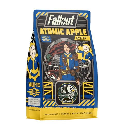 Bones Coffee Company Fallout Series, Apple Pie Flavor, Atomic Apple Ground Coffee Beans, Low Acid Flavored Coffee, Made with Arabica Coffee Beans, Medium Roast Coffee (12 oz) - Apple Pie (Ground)